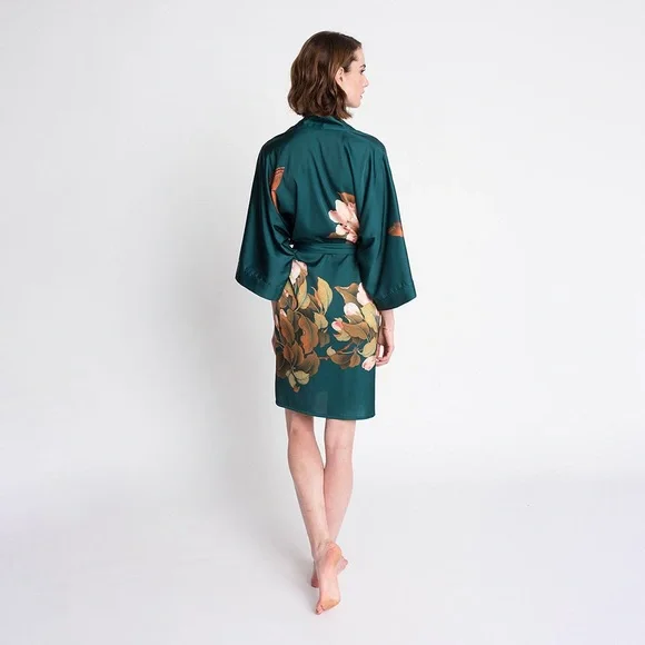Kim + Ono Peony Butterfly Short Antique Teal Robe Kimono